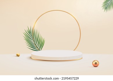 Circle shape golden ring with pedestal podium for product showcase on ivory background