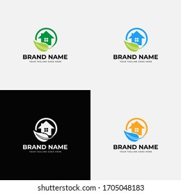 Circle shape Greenhouse logo design vector template. Greenhouse farm logo with home and leaf illustration. House and leaf icon.