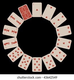 circle shape hearts playing cards isolated on black, abstract art illustration