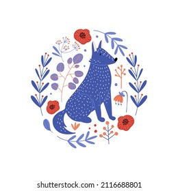 Circle shape icon with blue wolf surrounded with flowers and leaves. Isolated vector illustration