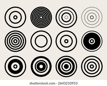Icono de forma de círculo. Esquema de decoración gráfica redonda. Silueta geométrica del contorno del símbolo del elemento redondo. Etiqueta de silueta gráfica de decoración simple radial. 