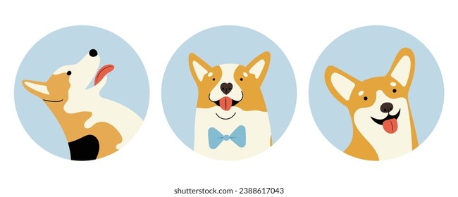 Circle shape icons with adorable Corgi dogs, hand drawn vector illustration in flat design