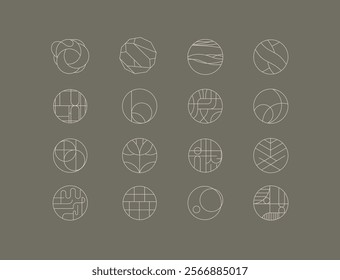 Circle shape icons drawing linear art style on grey background