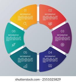 Modelo de gráfico infográfico de forma de círculo com 6 opções.