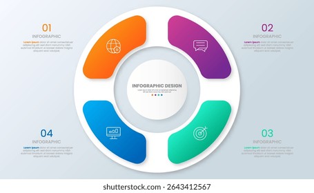 Modelo de gráfico infográfico de forma de círculo com 4 opções.