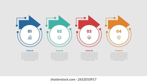 diagrama infográfico de forma circular com seta no topo com direção horizontal para a direita com 4 etapas para o vetor de apresentação de slide