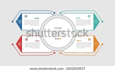 circle shape infographic diagram with big circle center and sharp arrow on quadrant structure with 4 step for slide presentation vector