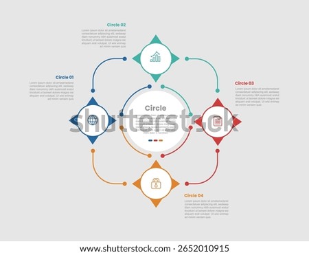 circle shape infographic diagram with circular circle with sharp arrow round edge line with 4 step for slide presentation vector