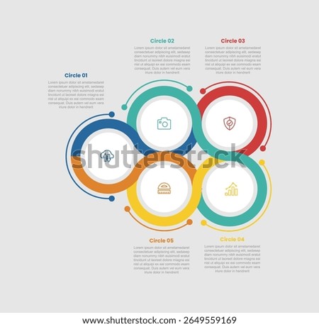 circle shape infographic diagram with circle flow connection on stack structure with 5 step for slide presentation vector