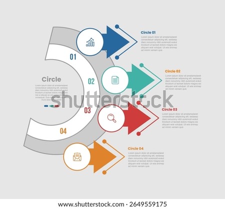 circle shape infographic diagram with half circle slice with arrow stacked right direction with 4 step for slide presentation vector