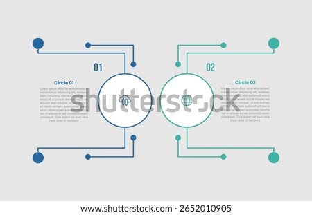 circle shape infographic diagram with long line sharp opposite direction with 2 step for slide presentation vector