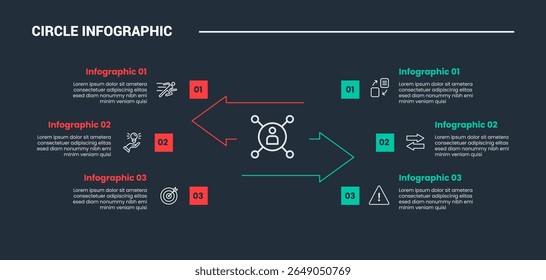 Diagrama de proceso de infografía de forma de círculo con dirección de flecha opuesta con punto de caja cuadrada con fondo oscuro Vector de estilo de contorno brillante