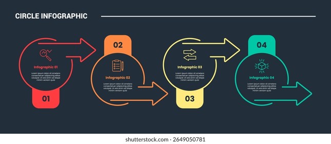 diagrama de processo infográfico de forma de círculo com círculo grande e direção de seta para cima e para baixo com fundo escuro vetor de estilo de contorno brilhante
