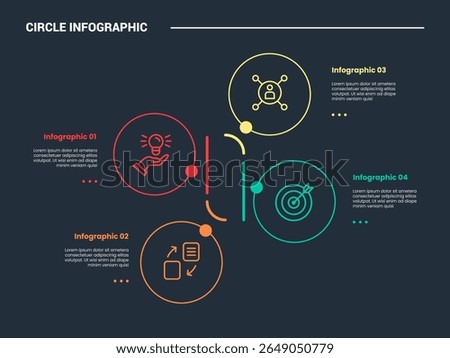 circle shape infographic process diagram with big circle with vertical center connector unbalance position with dark background bright outline style vector