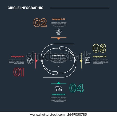 circle shape infographic process diagram with double line circle center cycle circular content around with dark background bright outline style vector