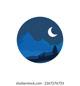 Forma circular de arte paisajístico vector de fondo con montaña, pinos, estrellas y luz de la luna perfecto para papel tapiz para impresiones, decoración artística o artes murales