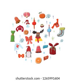 Circle shape made of festive elements. Design template elements isolated on white background.  