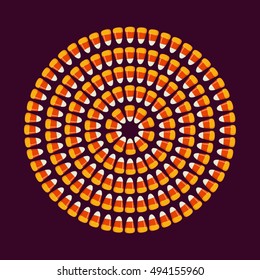 Circle shape made of small candy corns on dark background. Halloween holiday trick or treat concept greeting card, poster layout for your design. Vector illustration