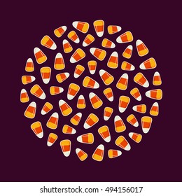 Circle shape made of small candy corns on dark background. Halloween holiday trick or treat concept greeting card, poster layout for your design. Vector illustration