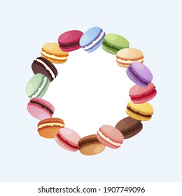 Circle shape made of sweet french macaroons. Colorful macarons vector illustration in flat style.