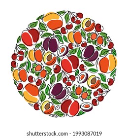Forma de círculo con frutas y bayas oneladas.Mancha continua, pera, cerezas, albaricoque, ciruelas, gooseberry.Ilustración hecha a mano por vectores de la comida sana.Para la decoración moderna de la cocina, carteles y otros.