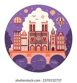 Circle shape Paris travel illustration with France capital cityscape, air balloons, Notre Dame cathedral and french houses on the river Seine bridge.