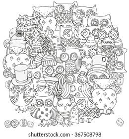 Circle shape pattern for coloring book. Owls. Black and white  background. Artistically drawn, zentangle patterns, mandala, stylized, feathers. Black and white.