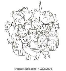 Circle shape pattern with cute cats for coloring book. Vector illustration