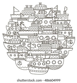 Circle shape pattern with cute doodle boats for coloring book. Vector illustration