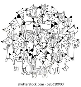 Circle shape pattern with cute foxes for coloring book. Vector illustration