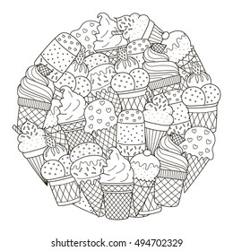 Circle shape pattern with cute ice creams for coloring book. Vector illustration