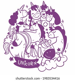 Circle shape pattern with cute Unicorn  Group ,Set of funny cute Unicorn. Vector illustration