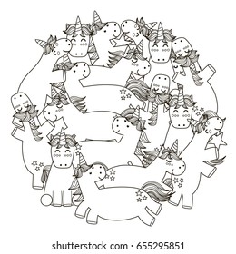 Circle shape pattern with cute unicorns for coloring book. Vector illustration