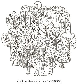 Circle shape pattern with fantasy trees for coloring book. Black and white magic forest background. Vector illustration