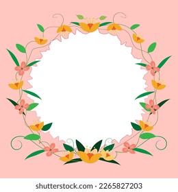 Circle Shape Pink Color. Text Frame Surrounded With Assorted Flowers Hearts And Leaves. Framework For Writing Ringed With Different Daisies, Hearts And Tree Leaves.