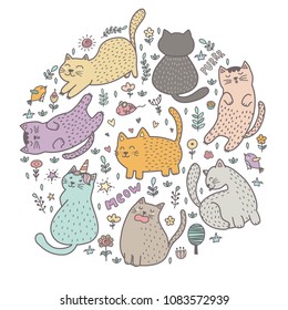 Circle shape print with cute cats. Funny pattern great for t-shirts, bags, fabric and textile. Vector illustration