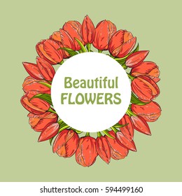 Circle shape of red tulips flowers on green background, template for your design. Vector illustration