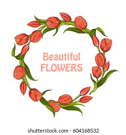 Circle shape of red tulips flowers on white background, template for your design. Vector illustration