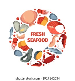 Circle shape from seafoods. Round design form template for restaurant menu with pictures of fresh ocean exotic products fishes squids oyster crab garish vector seafood
