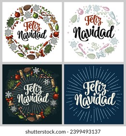 Circle shape set with Feliz Navidad handwriting calligraphy lettering.  Gingerbread, candy, mistletoe, bell, serpentine, rocket, snowflake, pine cone, fir branch, toy. Vector vintage color engraving