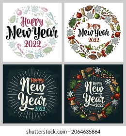 Circle shape set with Happy New Year 2022 lettering. Gingerbread, candy, mistletoe, bell, serpentine, rocket, snowflake, pine cone, fir branch, toy. Vector vintage color engraving on white and dark