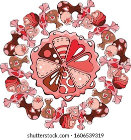 Circle shape set of hearts, chocolates and fruits, sweet red and pink vector doodle stock illustration, color print for menu, greeting / invitation card, flyer, book, t-shirt, fabric or stickers