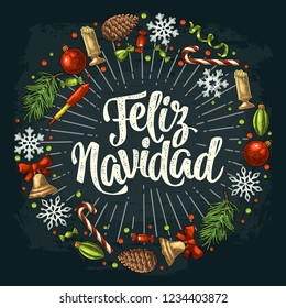 Circle shape set for Merry Christmas. Feliz Navidad calligraphy lettering with salute. Candy, bell, serpentine, rocket, snowflake, pine cone, fir branch, toy. Vector vintage color engraving on dark