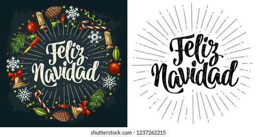 Circle shape set for Merry Christmas. Feliz Navidad calligraphy lettering with salute. Candy, bell, serpentine, rocket, snowflake, pine cone, fir branch, toy. Vector vintage color engraving on dark