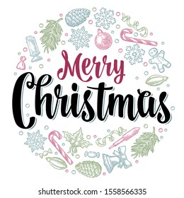 Circle shape set for Merry Christmas. Gingerbread, candy, mistletoe, bell, serpentine, rocket, snowflake, pine cone, fir branch, toy Vector vintage color engraving on white background