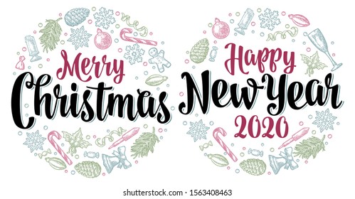 Circle shape set for Merry Christmas and New Year. Gingerbread, candy, mistletoe, bell, serpentine, rocket, snowflake, pine cone, fir branch, toy. Vector vintage color engraving on white background