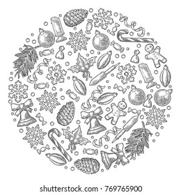 Circle shape set for Merry Christmas and NewYear. Gingerbread, candy, mistletoe, bell, serpentine, rocket, snowflake, pine cone, fir branch, toy. Vector vintage gray engraving on white background
