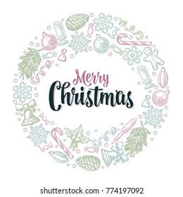 Circle shape set for Merry Christmas. Gingerbread, candy, mistletoe, bell, serpentine, rocket, snowflake, pine cone, fir branch, toy. Vector vintage color engraving on white background