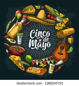 Forma de círculo con comida tradicional mexicana con Guacamole, Quesadilla, Enchilada, Burrito, Tacos, Nachos. Grabado a mano de Cinco de Mayo. Ilustración de grabado vectorial en negro