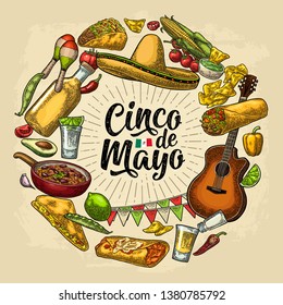 Forma de círculo con comida tradicional mexicana con Guacamole, Quesadilla, Enchilada, Burrito, Tacos, Nachos. Grabado a mano de Cinco de Mayo. Ilustración de grabado vectorial en beige